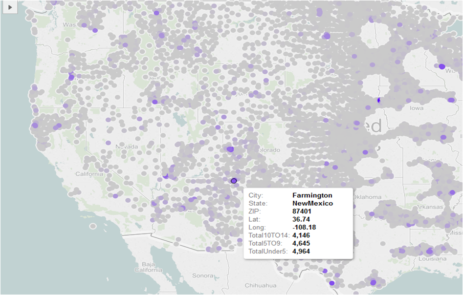 Screengrab of Calimere Point visualisation showing zip codes that do not have a Play Center within 100 km